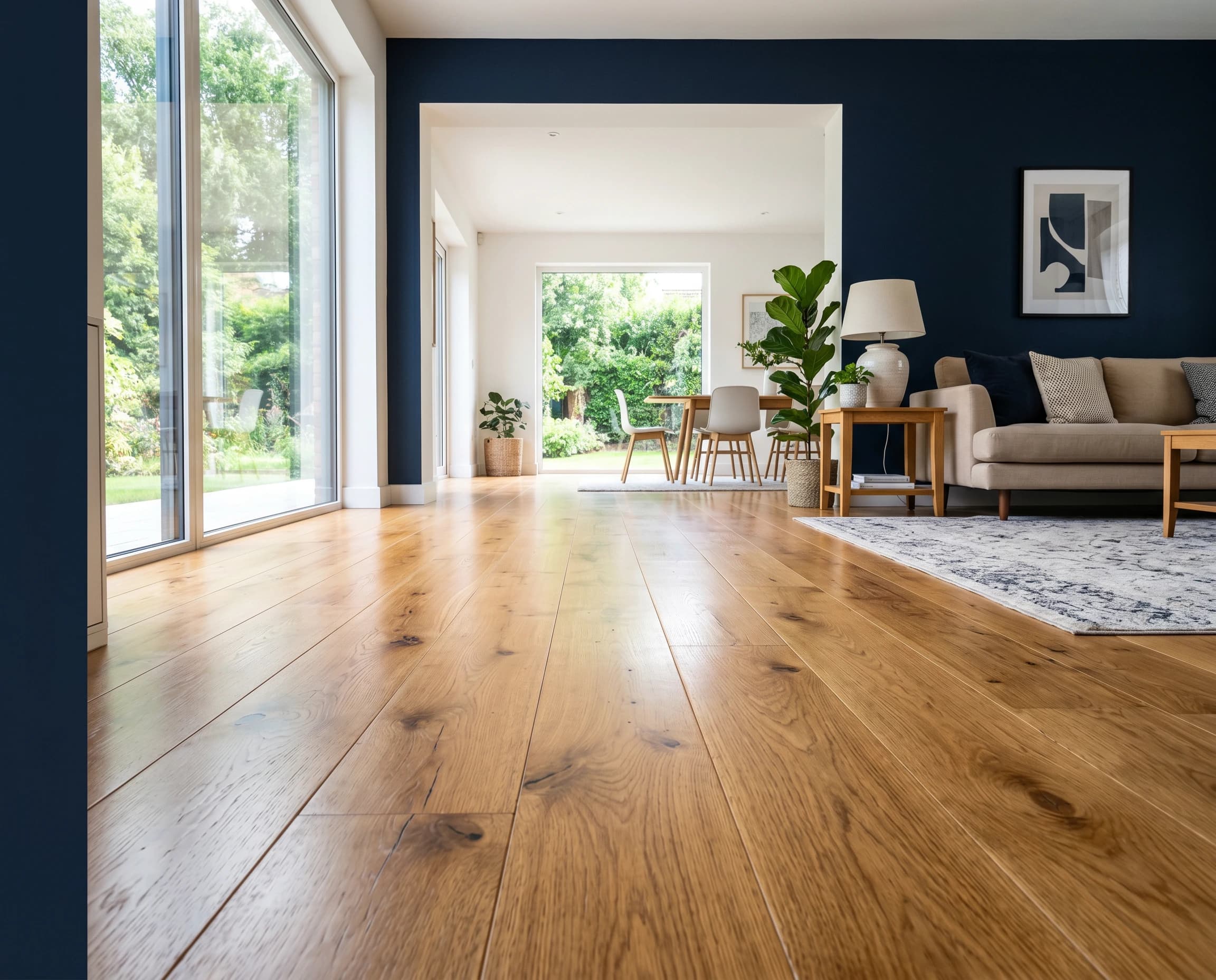 Newly refinished solid wood floor in a bright, open interior